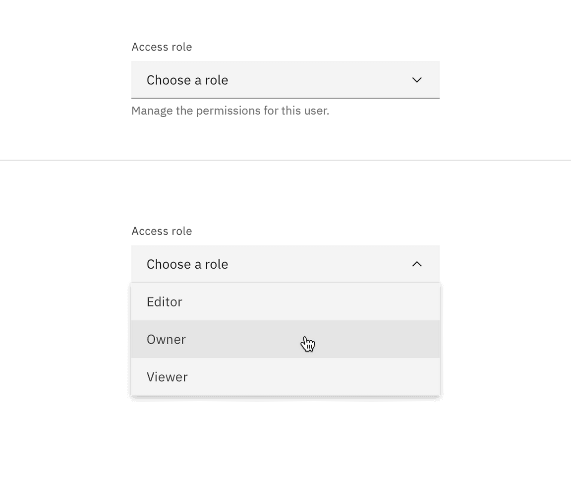 Dropdown closed and open state. Dropdown closed and open state.