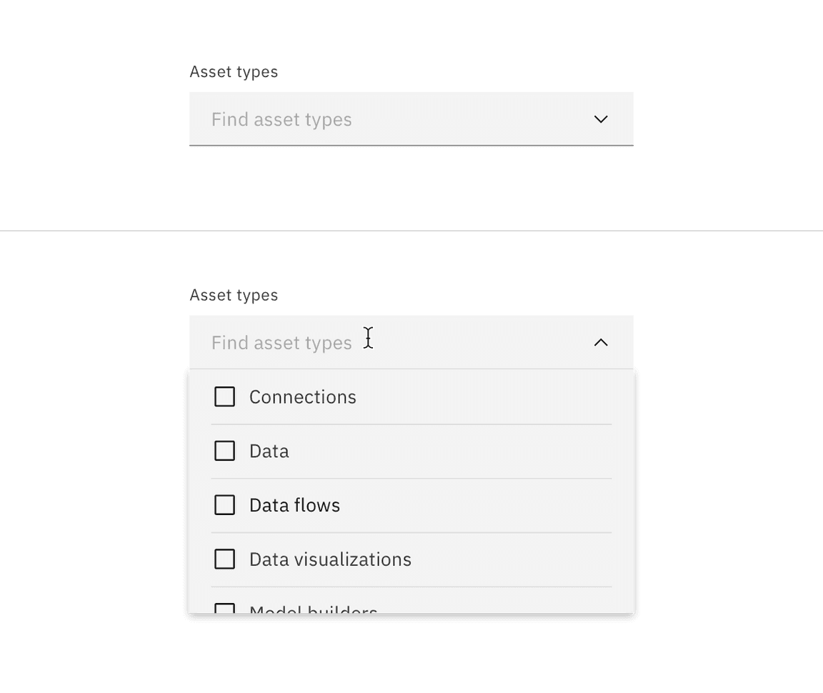 Filterable dropdown closed and open state. Filterable dropdown closed and open state.