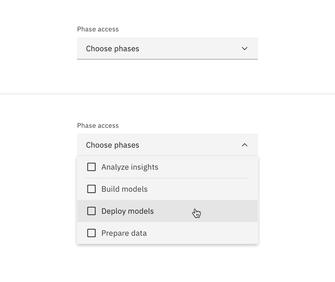 Multiselect dropdown closed and open states. Multiselect dropdown closed and open states.
